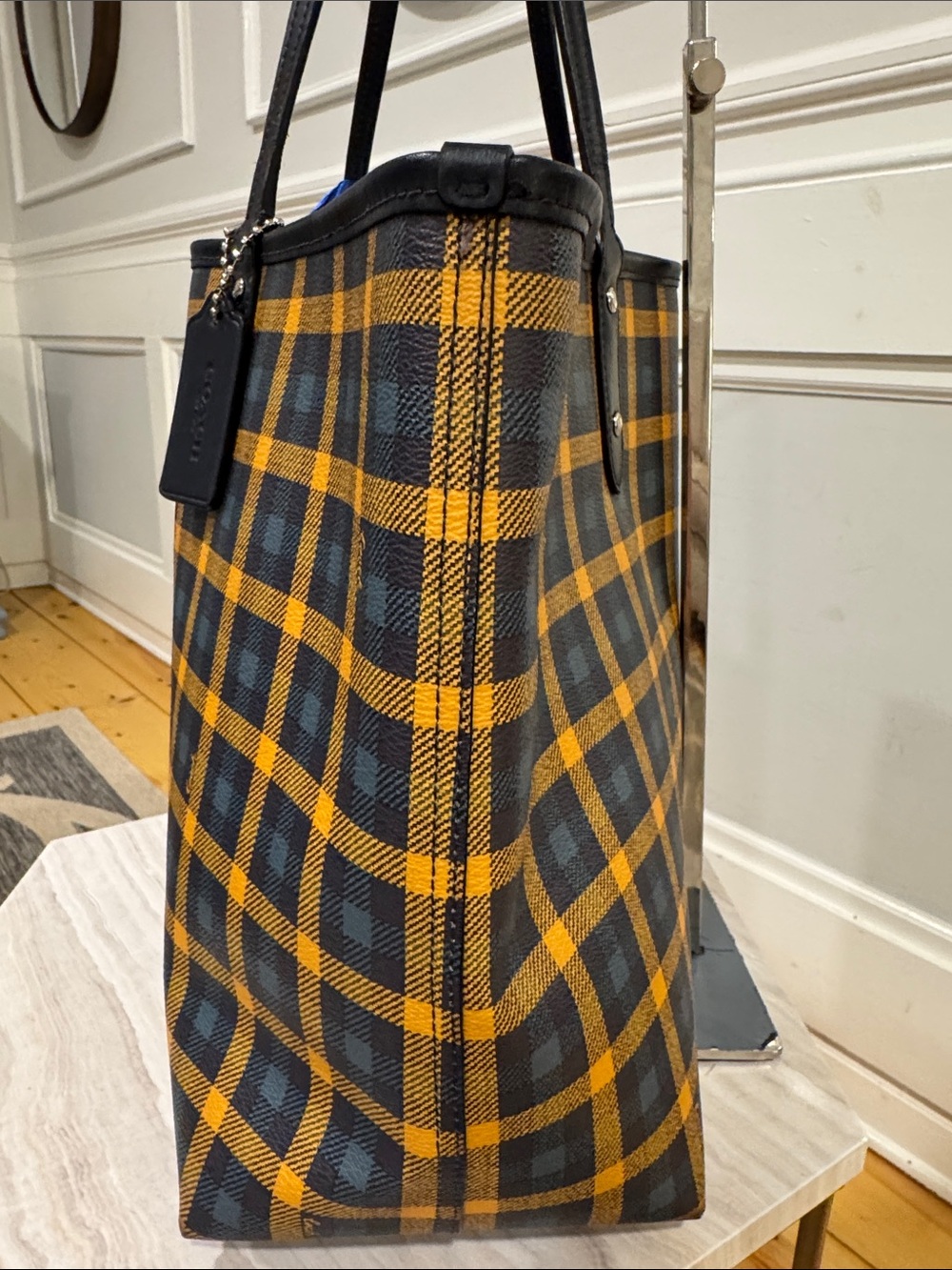 Coach Bag Reversible Plaid Checkered Yellow Blue City Tote with Removable Pouch - Picture 7 of 17